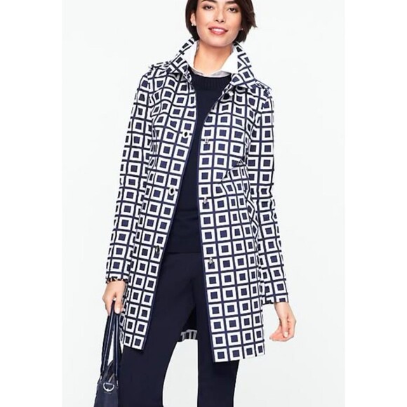 TALBOTS PET NAVY BLUE WHITE GEOMETRICAL SQUARE ART RAIN JACKET COAT TOP 8P $139 - Picture 1 of 9